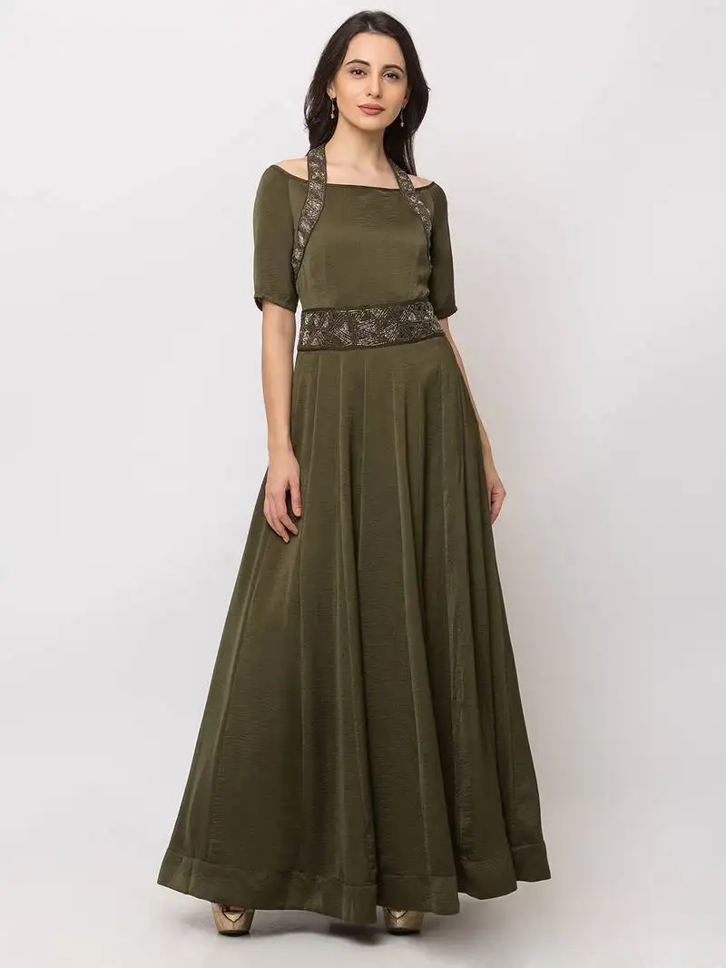 Sheczzar bottle green color cotton floor length party wear gown.
