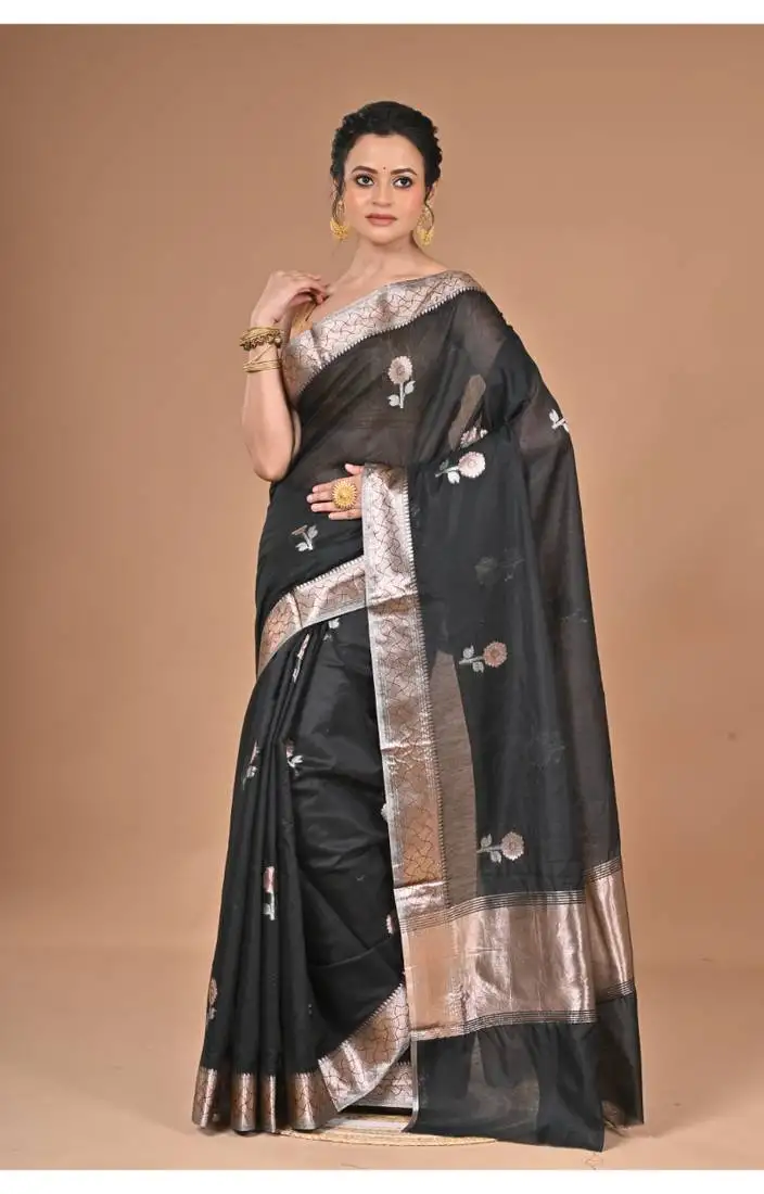 Black chanderi silk blend saree with blouse piece