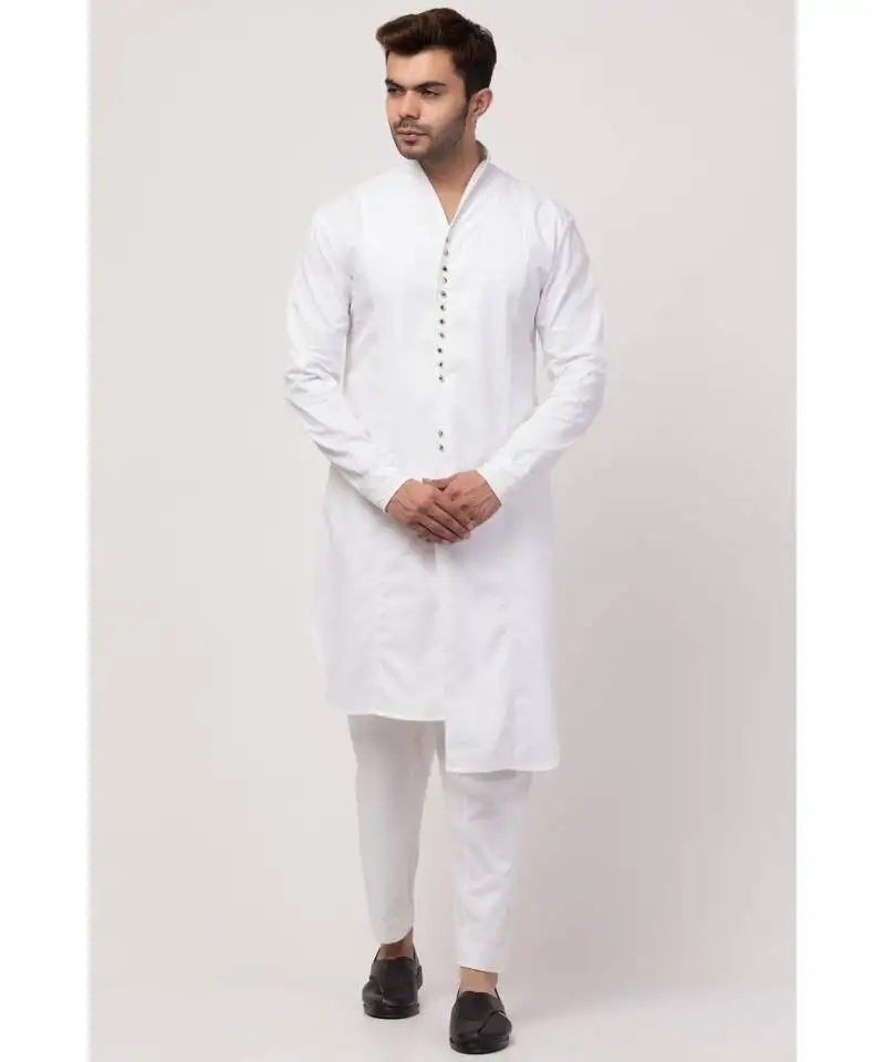 Front open high collar front up down kurta cum casual sherwani with harem pant