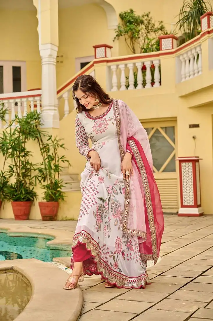 Cream colour georgette fabric digital print with embroidery work fully stitched gown