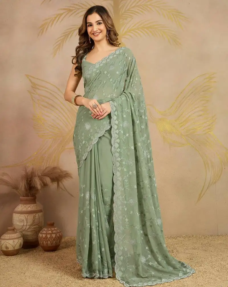 Geogette embroidery zarkan work saree with unstitched blouse piece