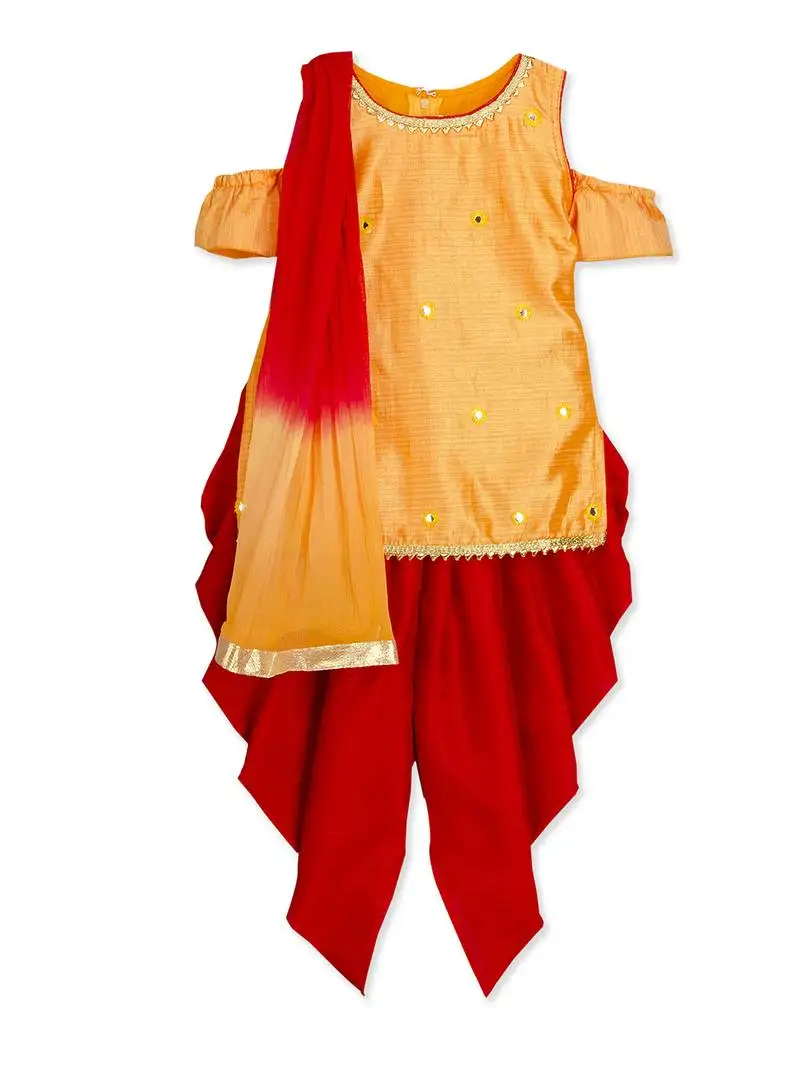 Orange mirror work dhoti kurta salwar suit with dupatta for girls