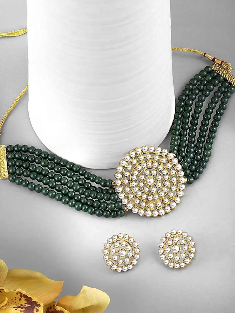 Gold plated traditional emerald beaded choker set glided with kundan work for women::Girls