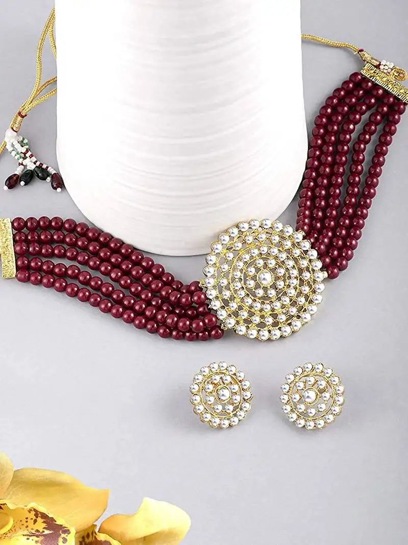 Gold plated traditional ruby beaded choker set glided with kundan work for women::Girls