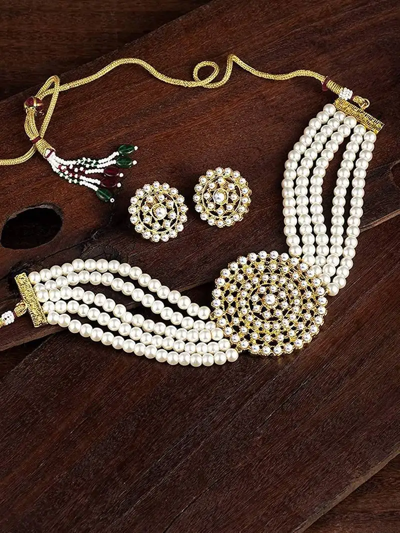 Traditional beaded choker set glided with kundan work for women::Girls
