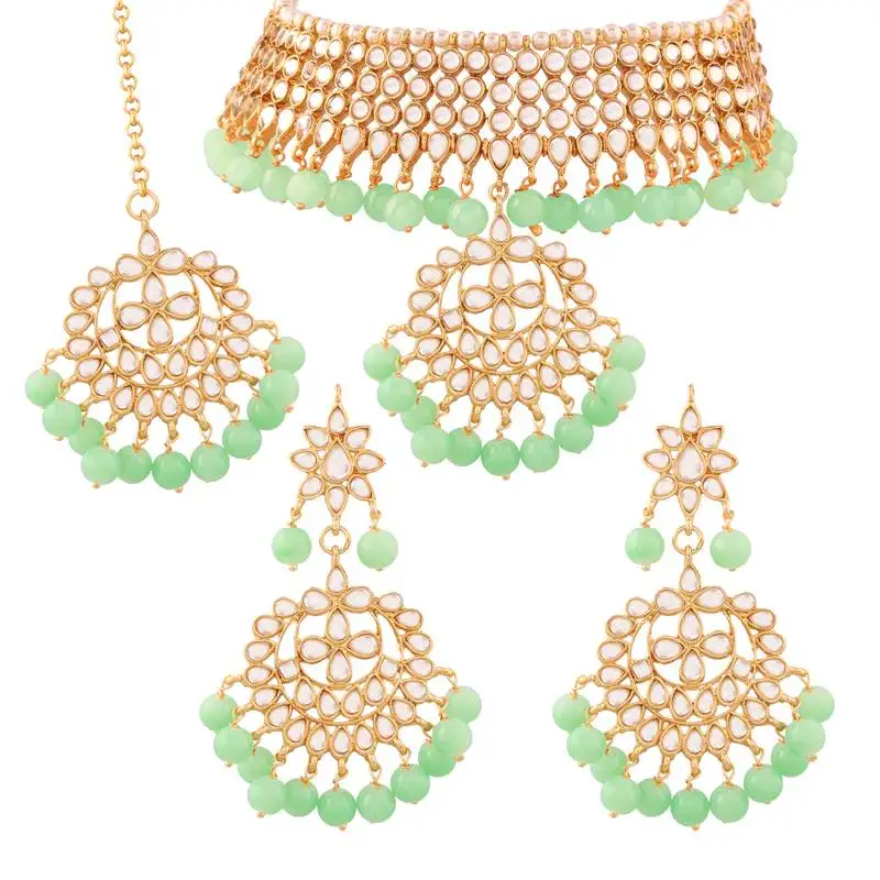 Traditional kundan & pearl mint choker necklace set for women