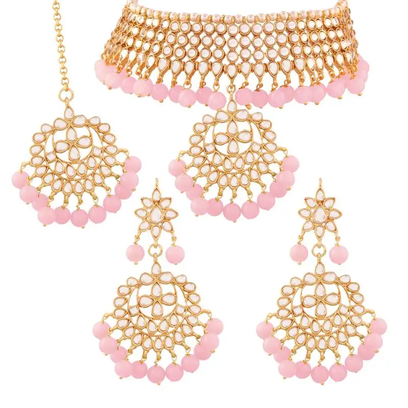 Traditional kundan & pearl pink choker necklace set for women