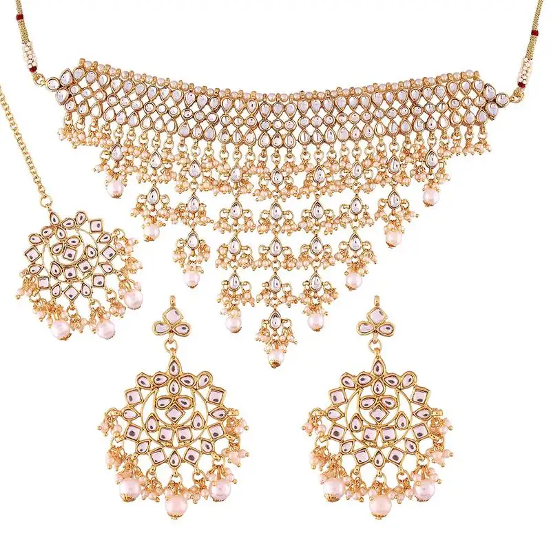 Traditional kundan choker necklace set with earrings & maang tikka for women (k7064w)