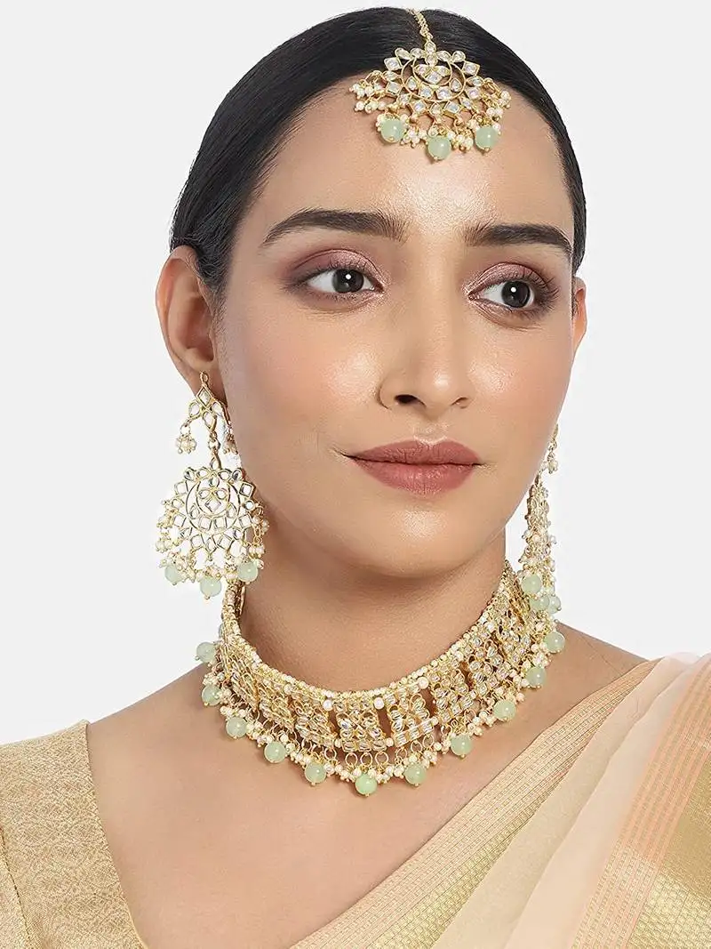 Gold plated traditional kundan choker jewellery set with earrings & maang tikka for women