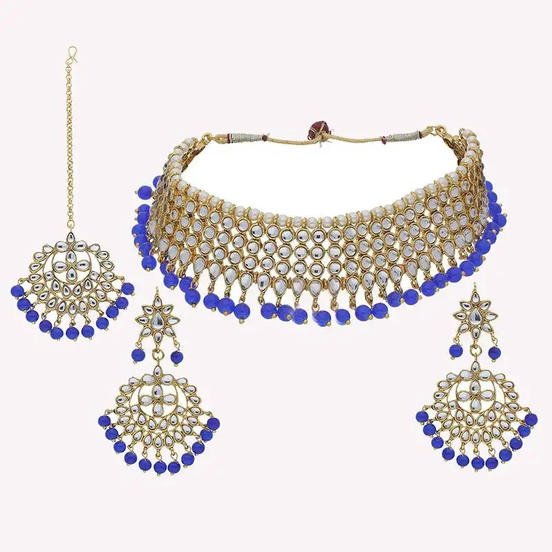 Traditional kundan & blue pearl choker necklace set for women