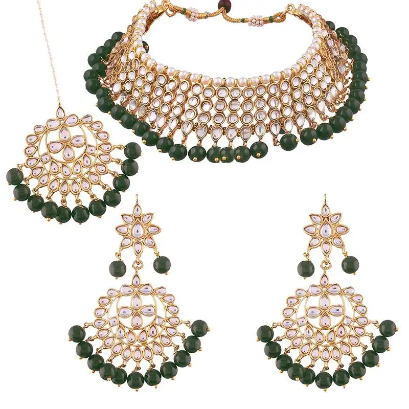 Traditional kundan & green pearl choker necklace set for women