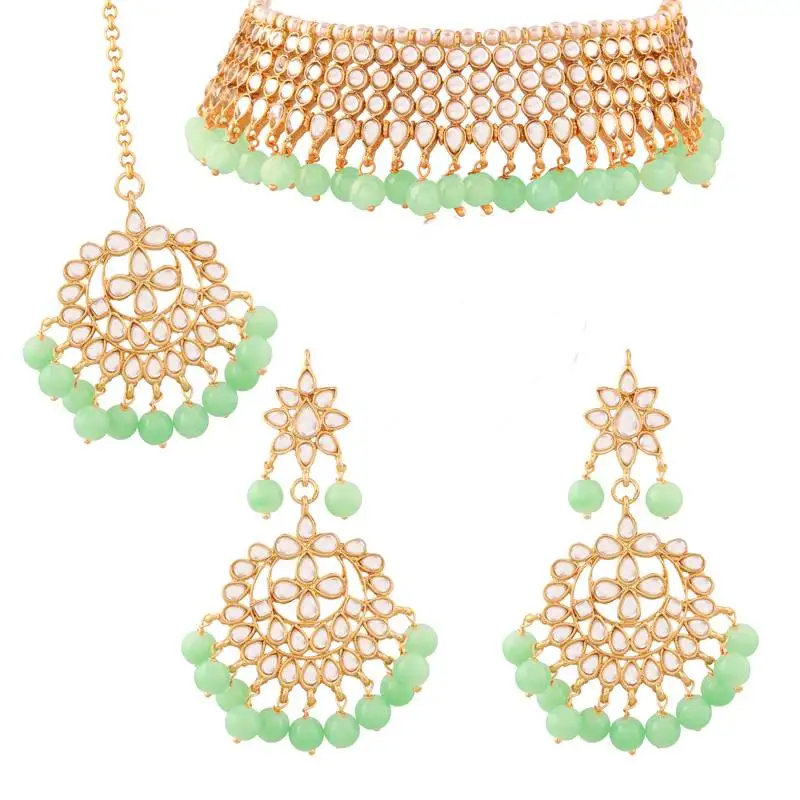 Traditional kundan & mint pearl choker necklace set for women
