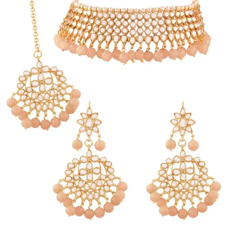 Traditional kundan & peach pearl choker necklace set for women