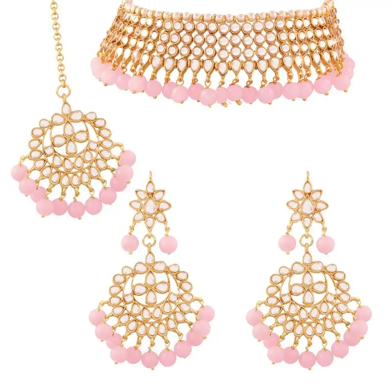 Traditional kundan & pink pearl choker necklace set for women