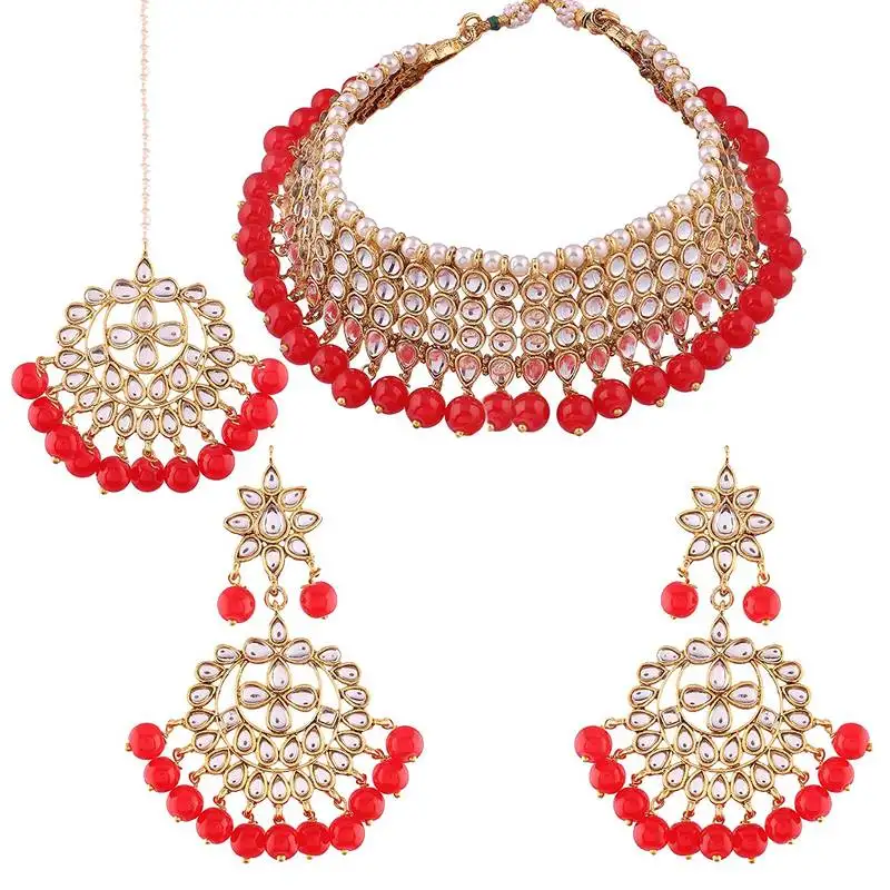 Traditional kundan & red pearl choker necklace set for women