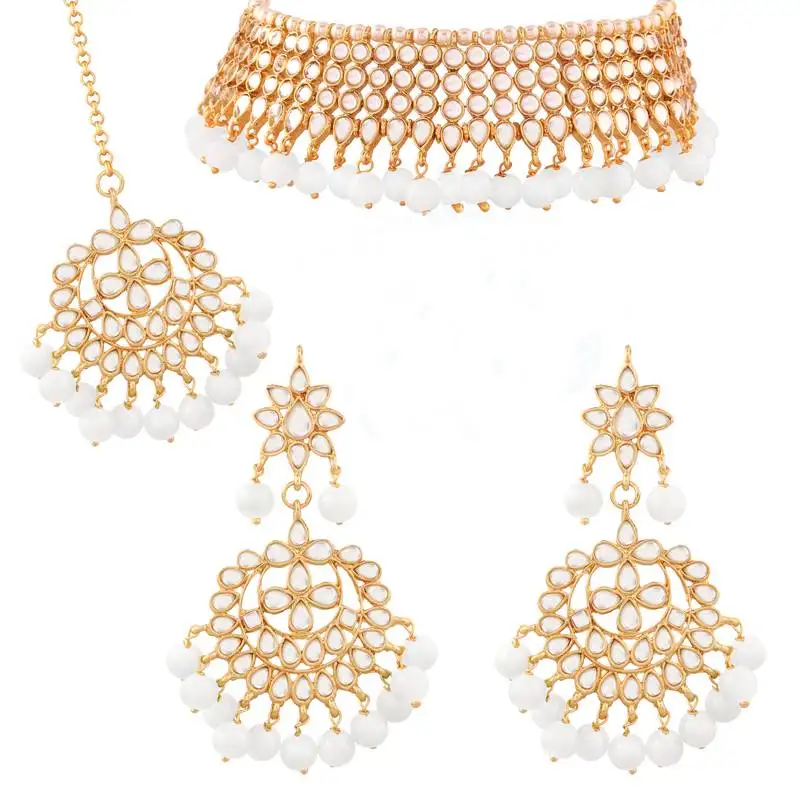 Traditional kundan & white pearl choker necklace set for women