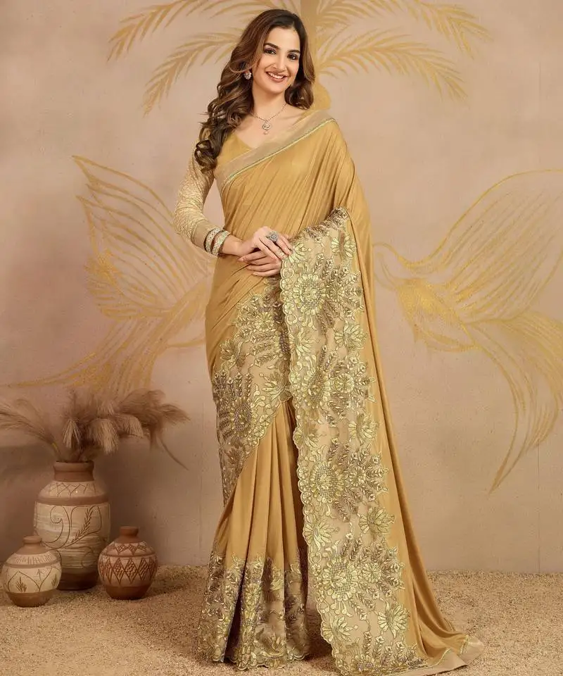 shiny lycra silk embroidery gold saree with blouse