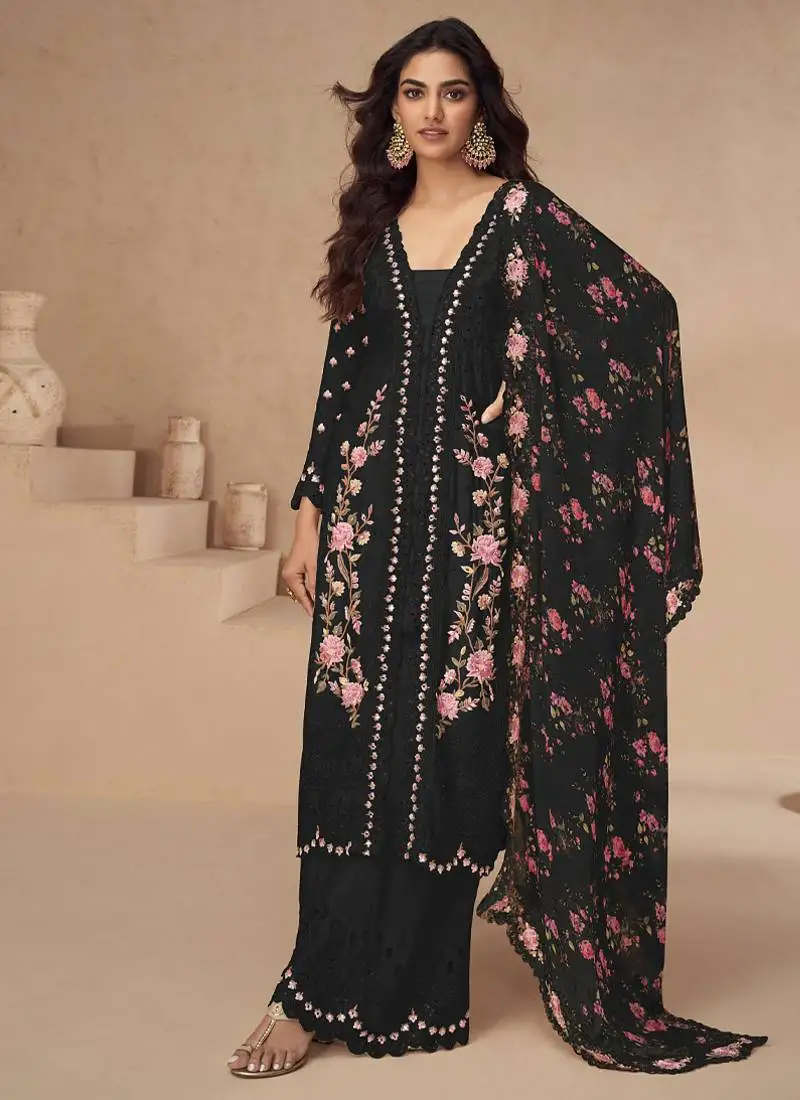 Designer black summer wear chinon pakstani straight suit for women semi stitched