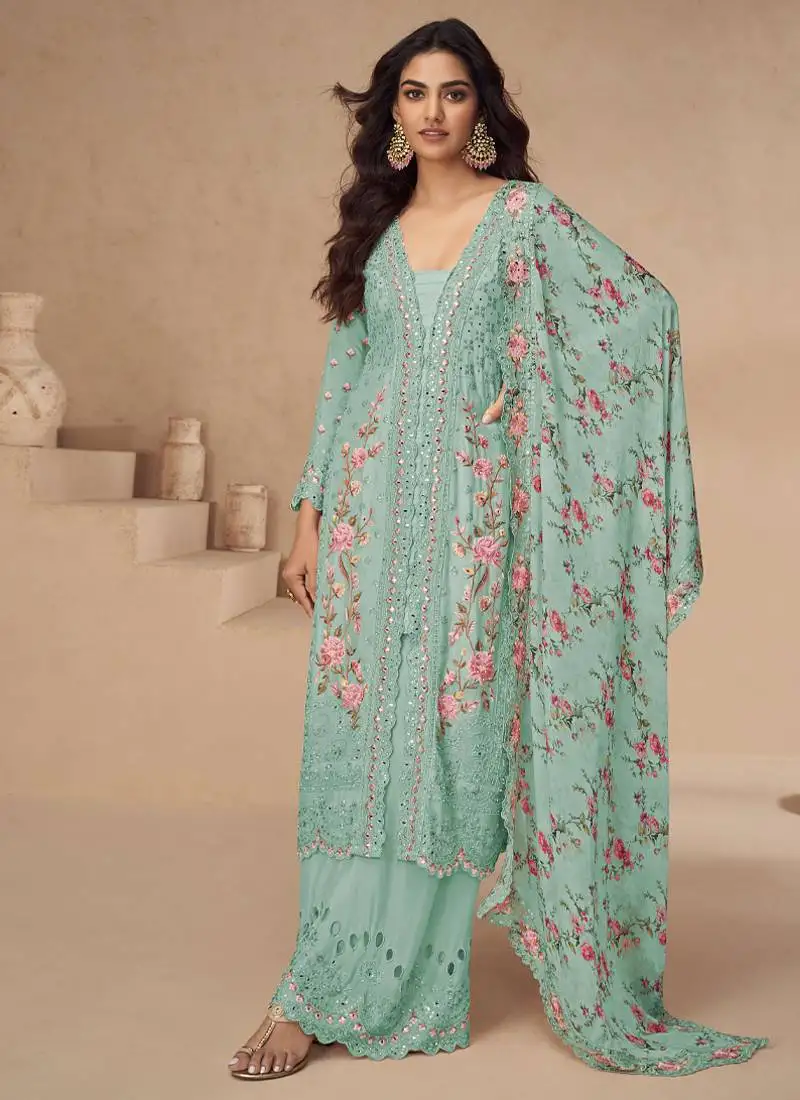 Designer baby blue summer wear chinon pakstani straight suit for women semi stitched