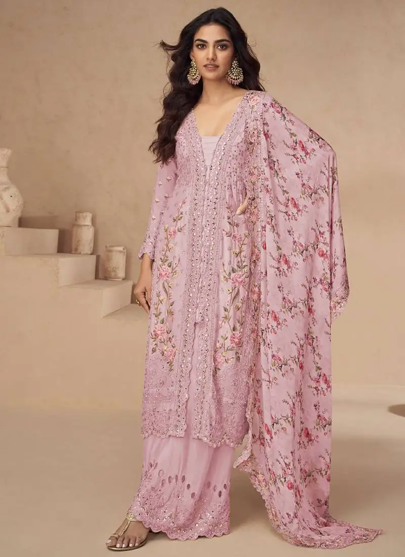 Designer pink summer wear chinon pakstani straight suit for women semi stitched