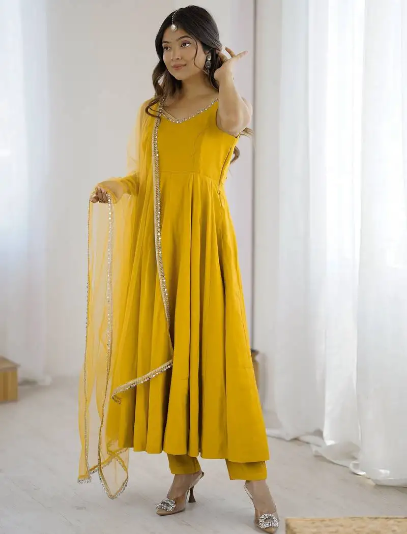 Awesome yellow lace work chanderi silk haldi wear anarkali suit with dupatta stitched