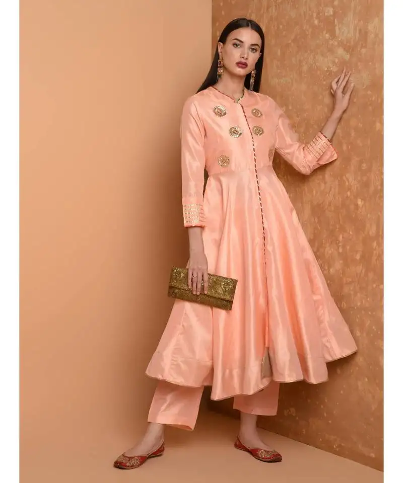 Set of full anarkali silk kurta with brocade pant.