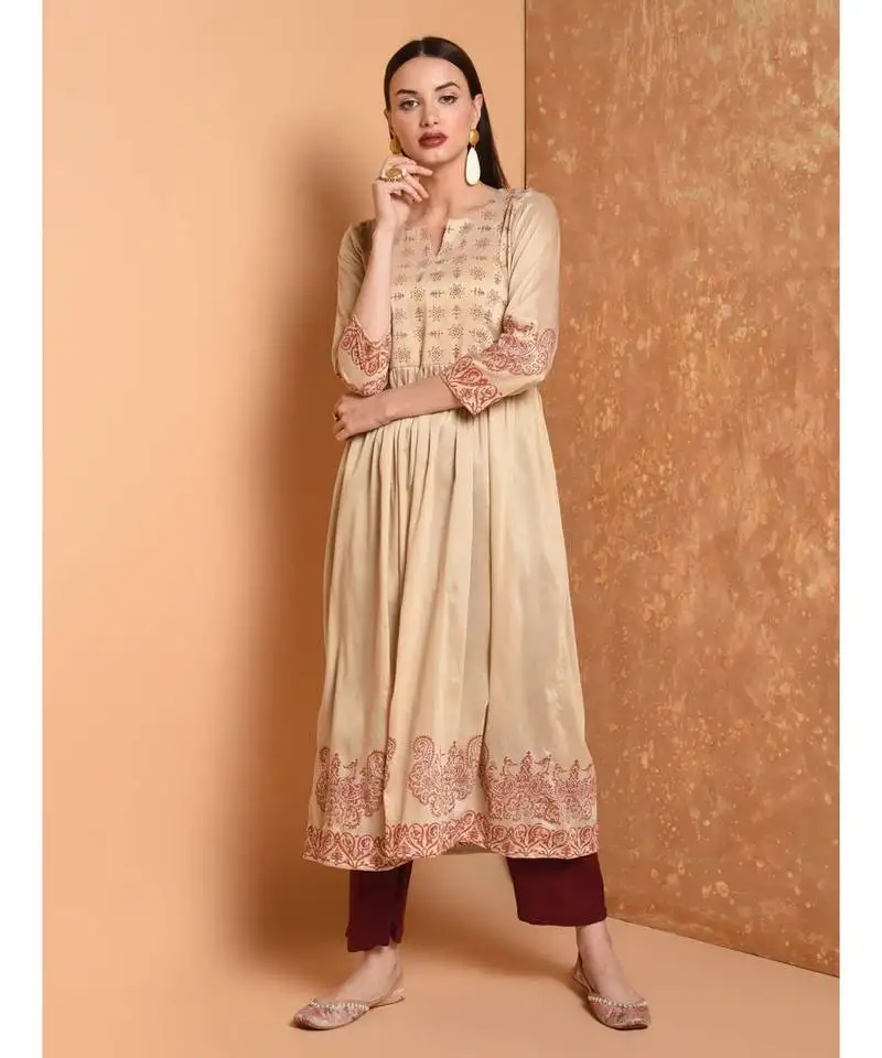 Beige hand block print kurta set