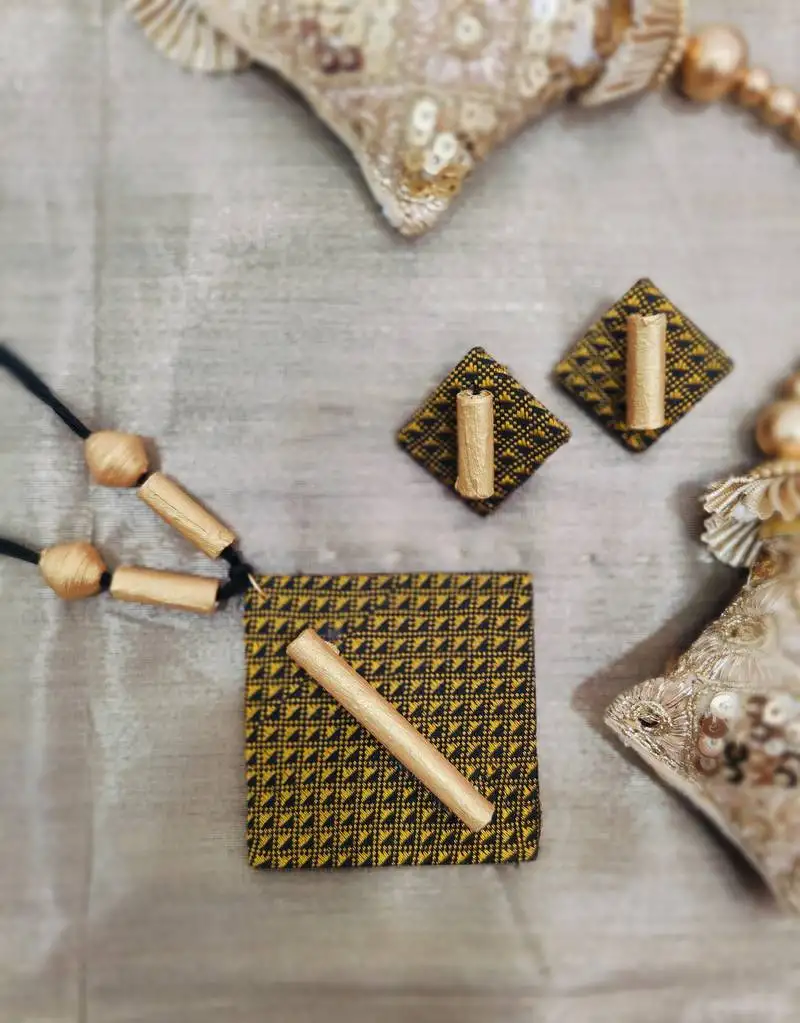 Golden handloom fabric long necklace