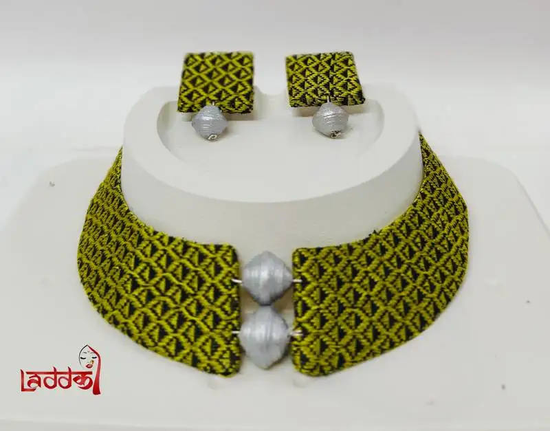 Green and silver handloom fabric jewelery