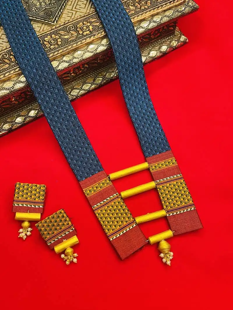 Teal blue handloom fabric long necklace