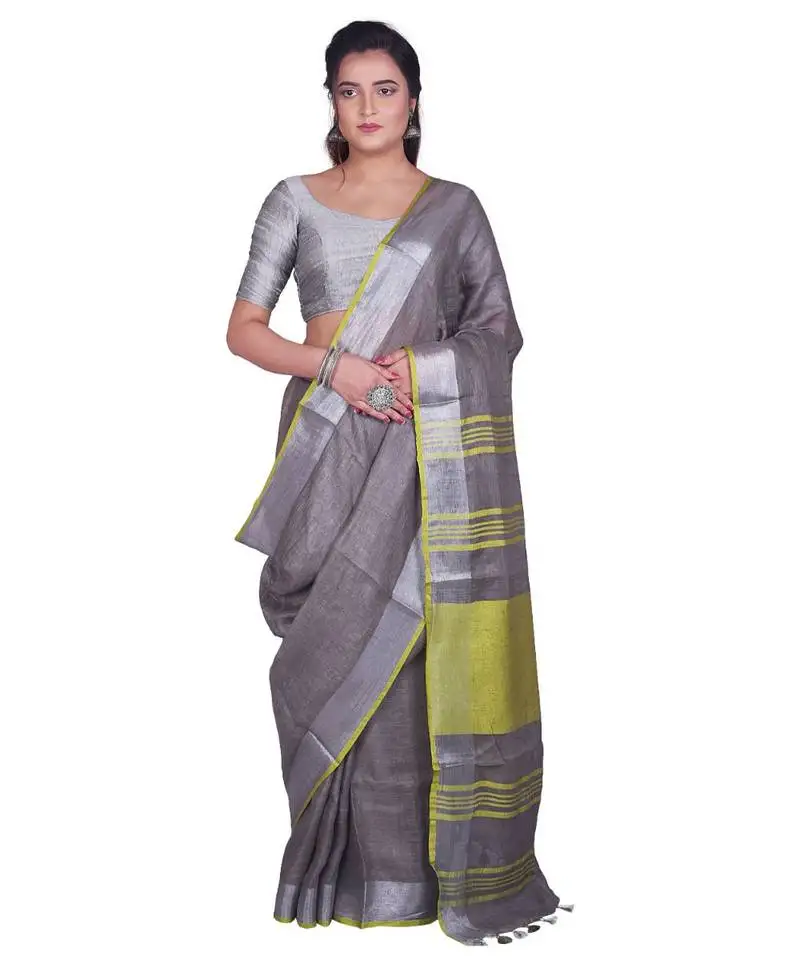 Handcrafted grey linen saree with silver zari border