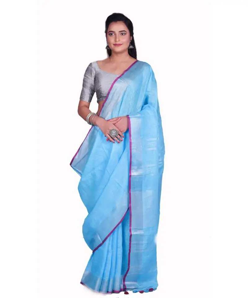 Handcrafted blue linen saree with silver zari border