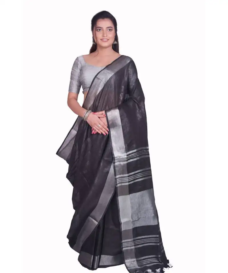 Handcrafted black linen saree with silver zari border
