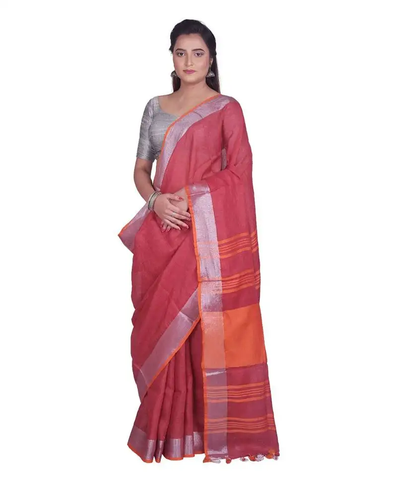 Handcrafted dark red linen saree with silver zari border