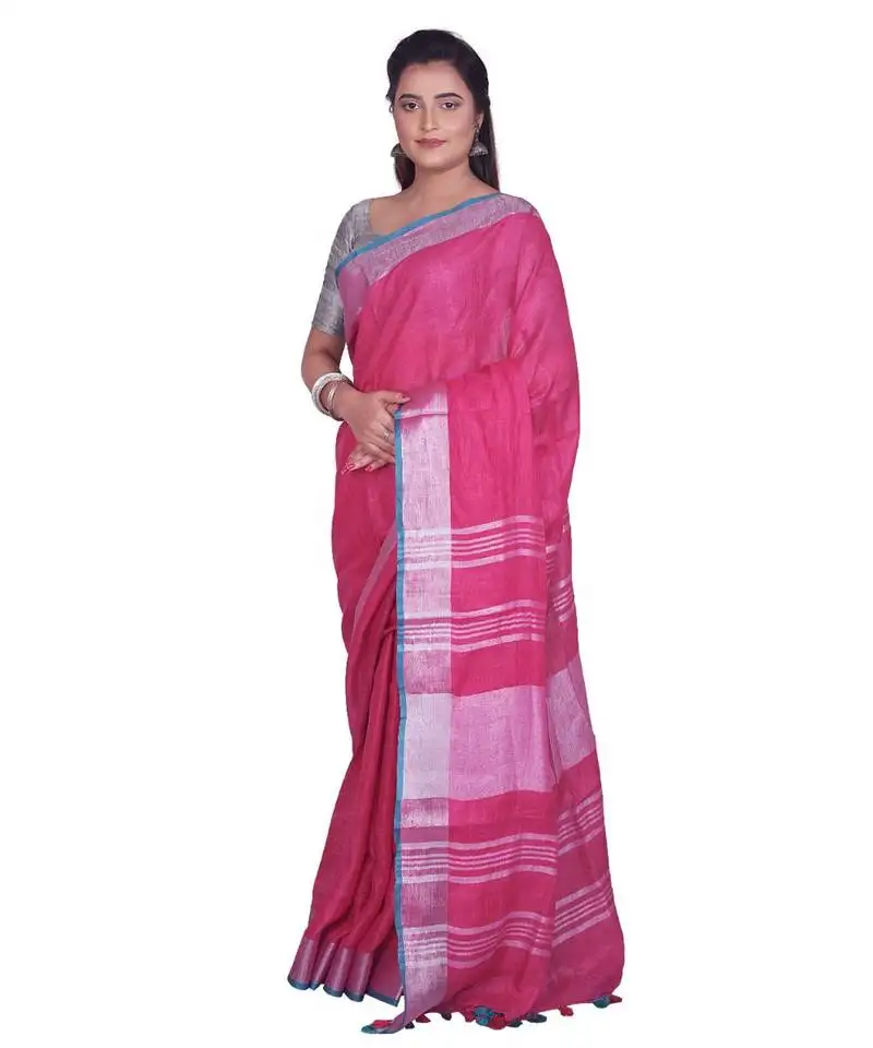 Handcrafted pink linen saree with silver zari border