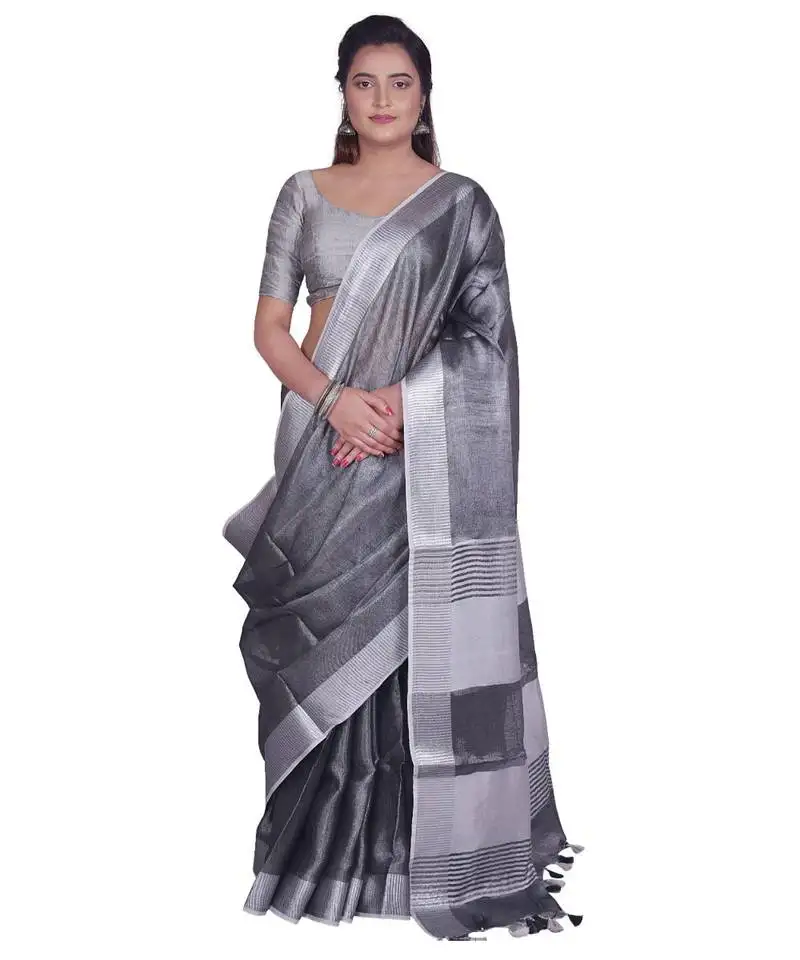 Handcrafted blackish silver tissue linen saree with silver zari border