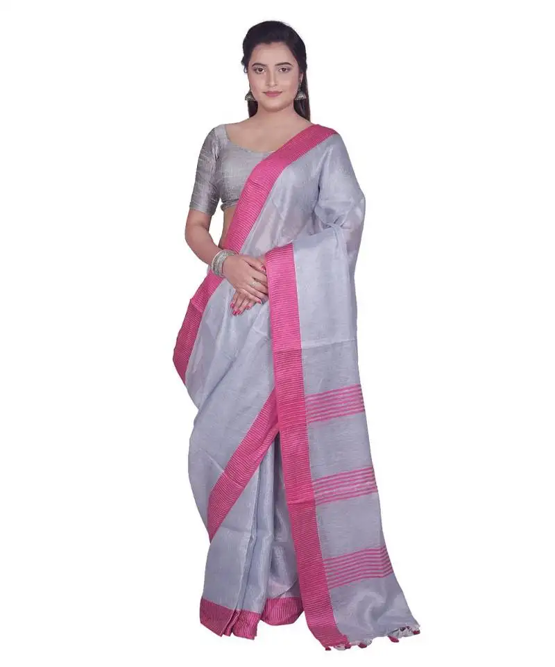 Handcrafted ash silver tissue linen saree with pink border