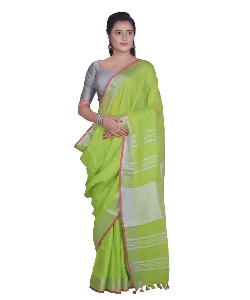 Handcrafted parrot green linen saree with silver zari border