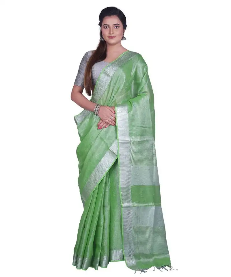 Handcrafted light green silver tissue linen saree with silver zari border