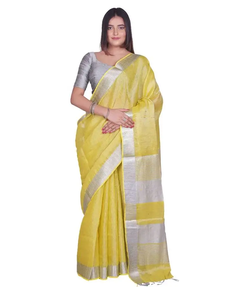 Handcrafted lemon yellow tissue linen saree with silver zari border