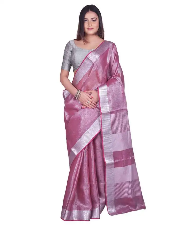 Handcrafted magenta tissue linen saree with silver zari border