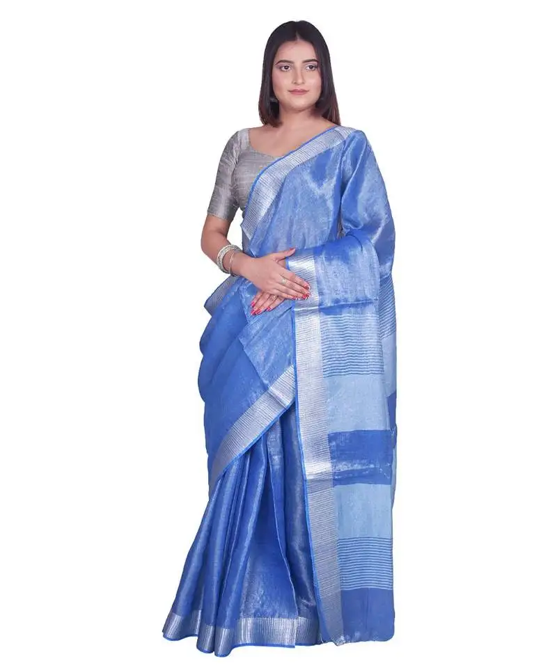 Handcrafted blue tissue linen saree with silver zari border