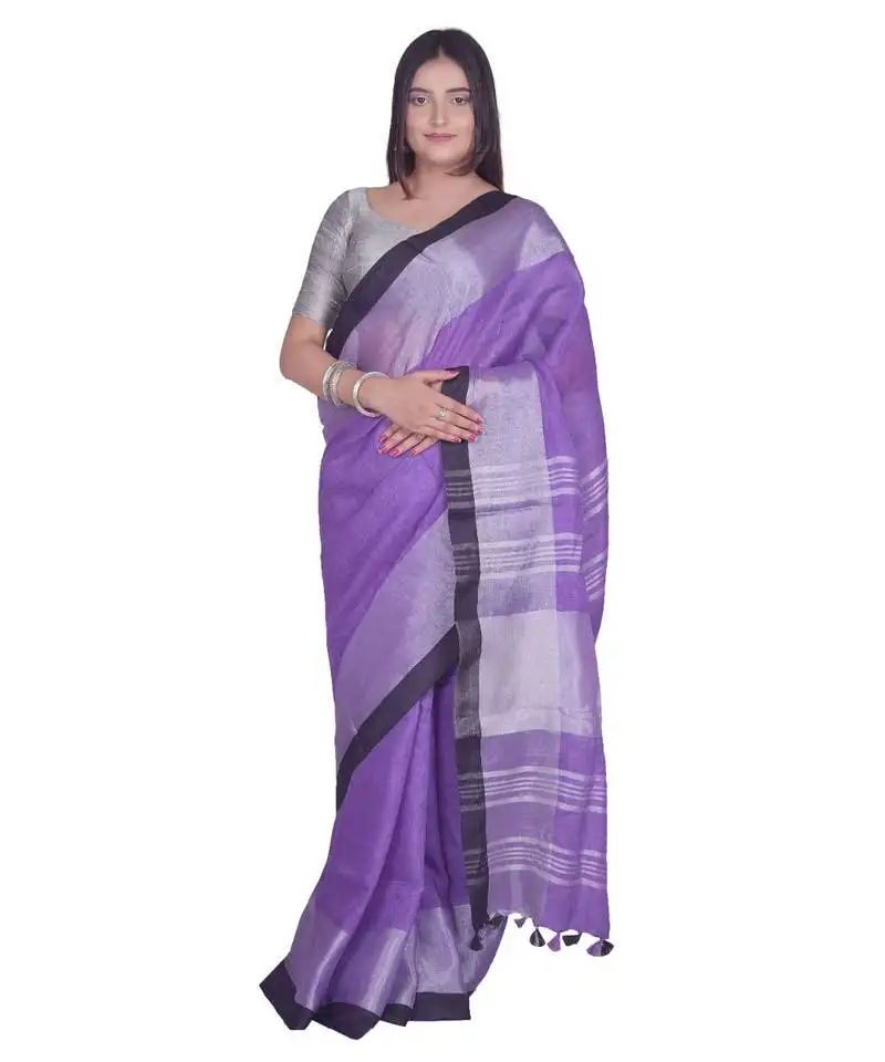 Handcrafted purple linen saree with broad silver zari border