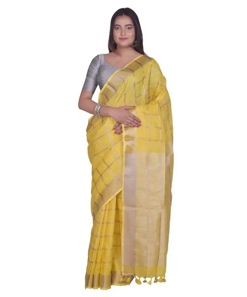 Handcrafted yellow linen saree with zari checkered pattern