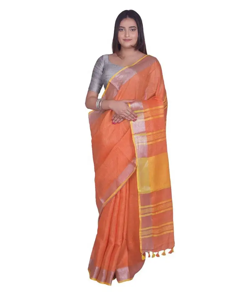 Handcrafted orange linen saree with silver zari border
