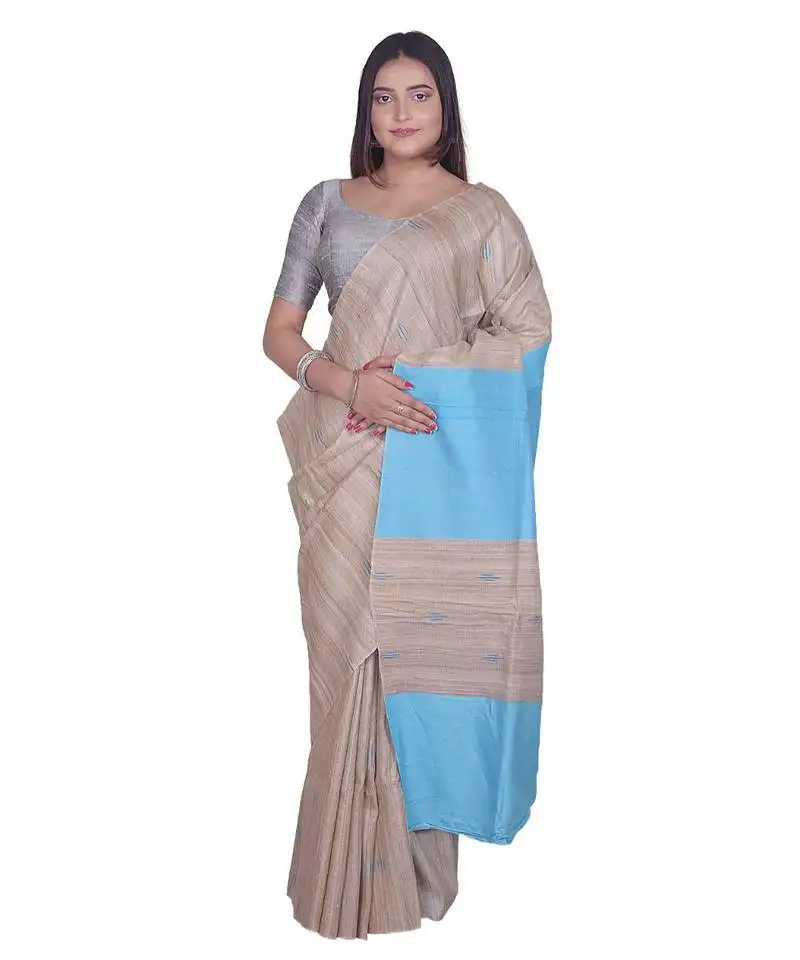 Handcrafted tussar ghicha silk with light blue shade in pallu