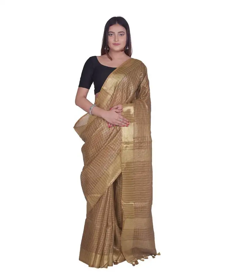 Handcrafted brown linen saree with zari small checkered pattern