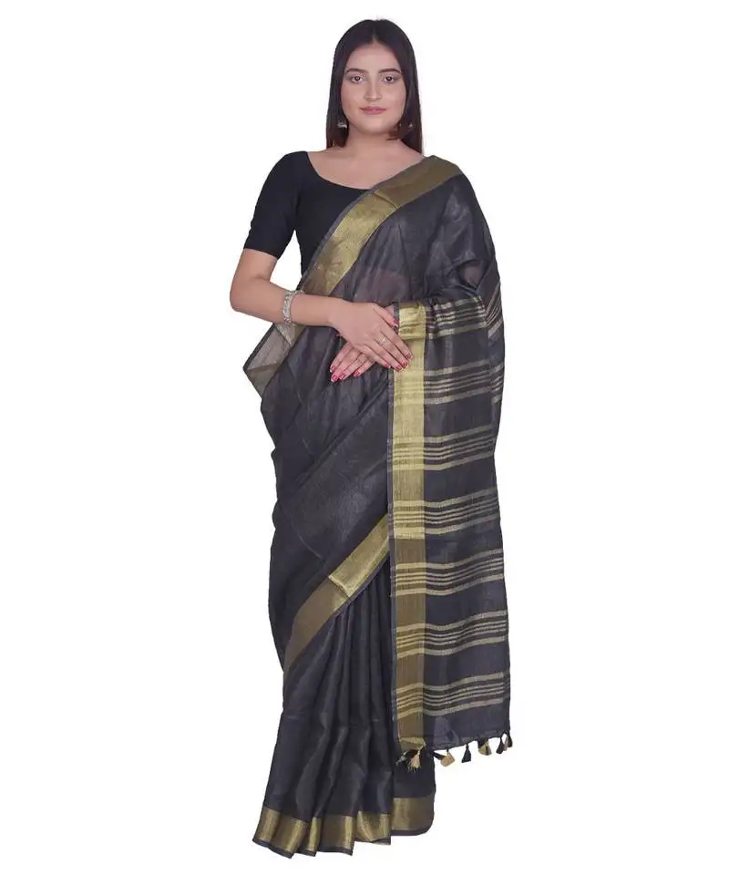 Handcrafted black linen saree with golden zari border