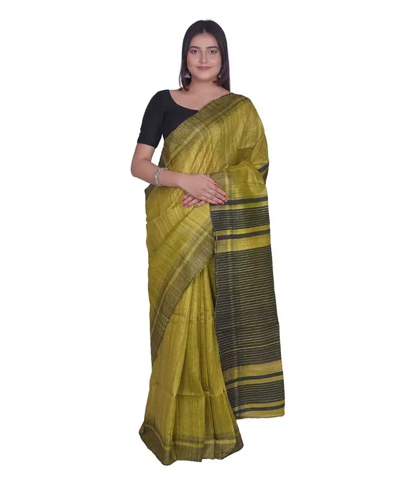 Handcrafted yellow shade tussar ghicha silk saree