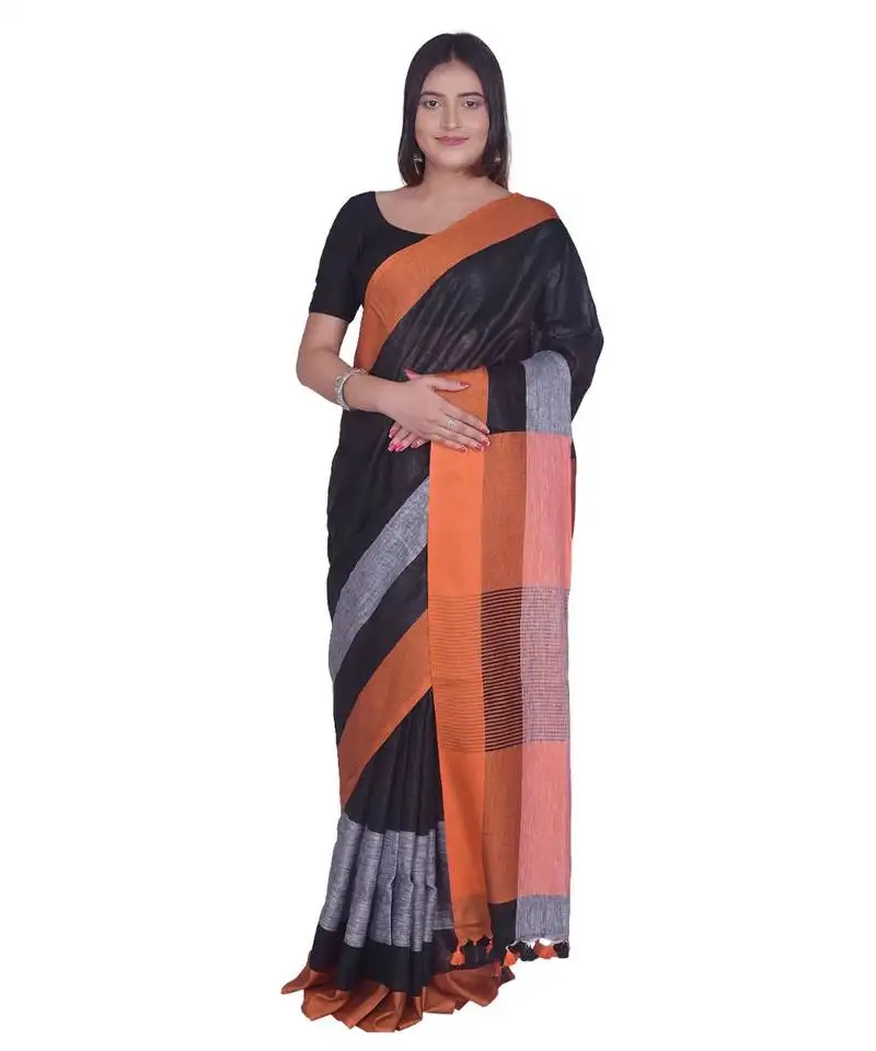 Handcrafted black linen saree with contrast orange & grey border